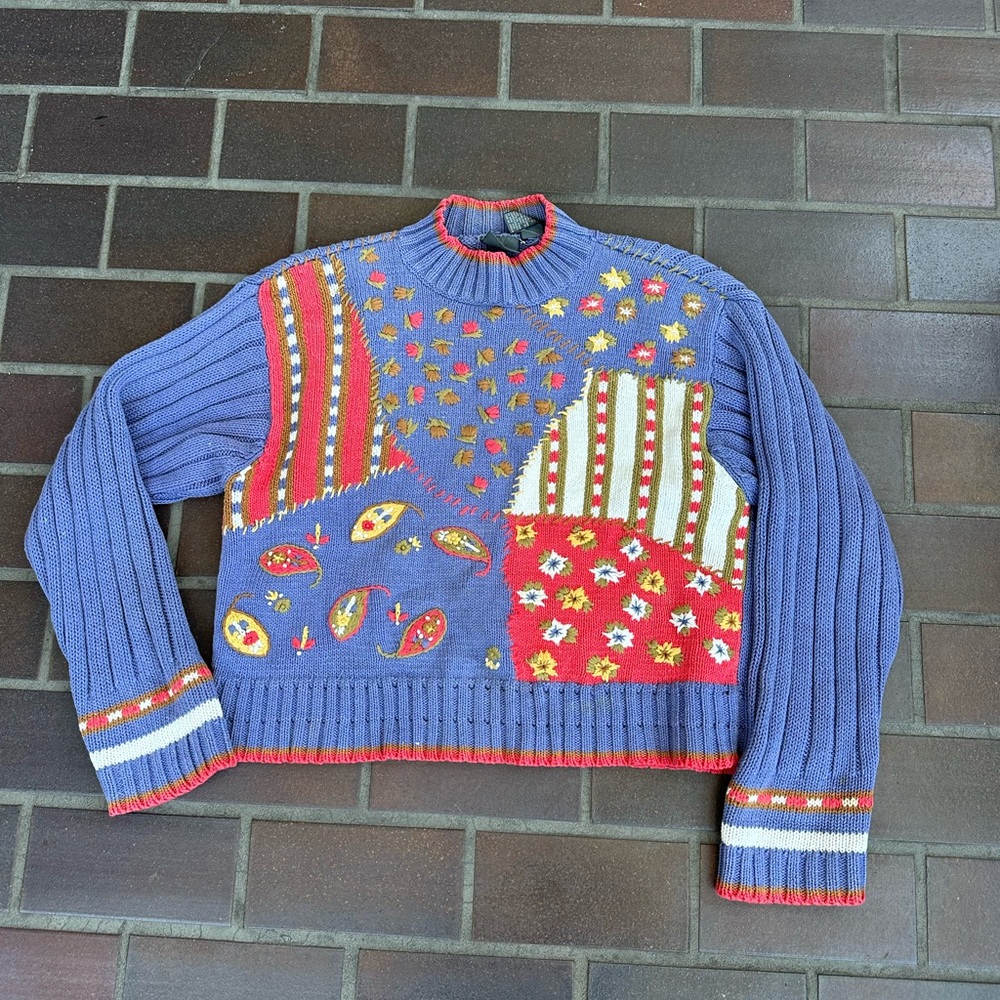 Liz Wear Vintage Knitted Fall Floral Mock Neck Size Large Sweater